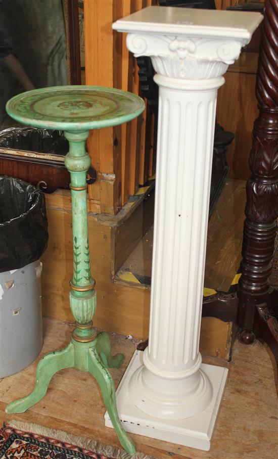 Painted circular tripod table & a torchere(-)